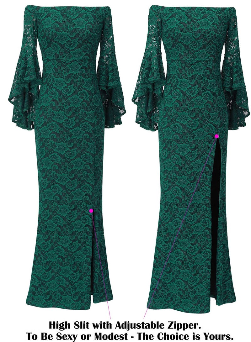 VFSHOW Womens Floral Lace Off Shoulder Bell Sleeve Formal Evening Maxi Dress 1810 GRN M - Image 4